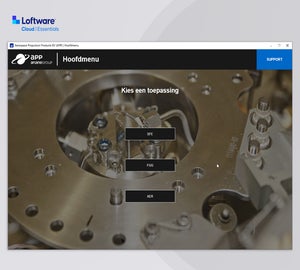 Loftware Cloud Essentials hoofdmenu met labelapplicaties voor SFE-, FGG- en AER-labelprocessen binnen de luchtvaartindustrie